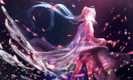 HD PC desktop wallpaper featuring anime Vocaloid character Hatsune Miku with flowing hair and a glowing, ethereal pink and purple background.