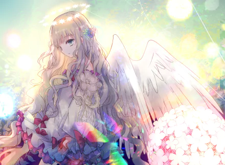 grey eyes flower blonde long hair wings Anime angel anime angel HD Desktop Wallpaper | Background Image