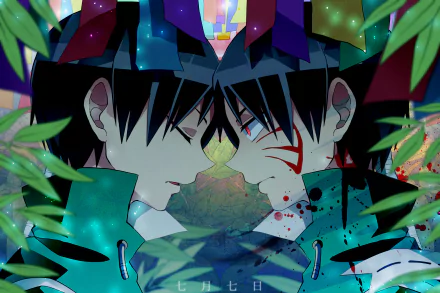 Anime original 2K Quad HD desktop wallpaper: two black‑haired figures with red eyes, mirrored faces with blood streaks and markings, framed by vibrant foliage and neon-lit scenery.