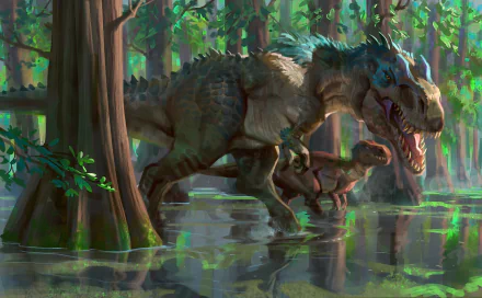 HD desktop wallpaper showcasing a detailed, lifelike Tyrannosaurus Rex and its juvenile in a lush, swampy forest setting, emphasizing theropod anatomy and natural habitat.