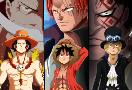 4K Ultra HD One Piece wallpaper featuring Monkey D. Luffy, Monkey D. Dragon, Sabo, Shanks, Edward Newgate, and Portgas D. Ace in vibrant anime style.