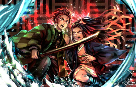 HD desktop wallpaper featuring Tanjiro Kamado and Nezuko Kamado from the anime Demon Slayer: Kimetsu no Yaiba in an intense and vibrant action scene.