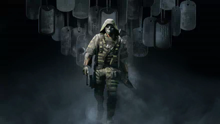 A masked warrior from Tom Clancy's Ghost Recon Breakpoint holding a pistol, dog tags hanging in the background, amidst a smoky atmosphere.