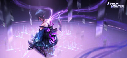 4K Ultra HD PC wallpaper featuring a Cyber Hunter character surrounded by glowing purple digital effects in a futuristic, cybernetic environment.