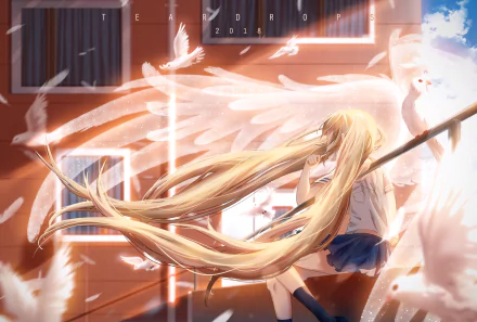 Anime-style HD desktop wallpaper featuring a blonde girl with long twintails and glowing bird feathers, surrounded by ethereal white birds and soft light.