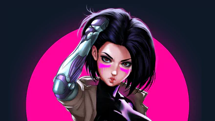 Cyborg character Alita from Alita: Battle Angel showcases her black short hair and striking brown eyes against a vibrant pink background in this HD wallpaper.