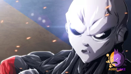 Close-up of Jiren (Dragon Ball) from Dragon Ball Super — anime HD PC desktop wallpaper showing his intense stare, dramatic lighting, and ember-like sparks.