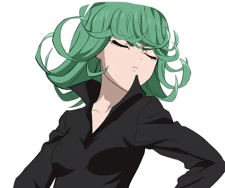 Tatsumaki (One-Punch Man) anime wallpaper: green-haired psychic heroine in black outfit, eyes closed, wind-swept hair against clean white background — HD PC desktop wallpaper/background.