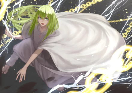 HD anime desktop wallpaper featuring Enkidu from Fate/Grand Order, showcasing dynamic motion and vibrant green hair with a flowing white cloak against an electric background.