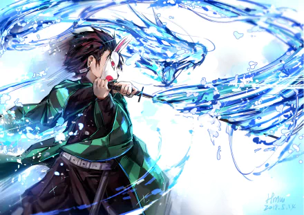 HD desktop wallpaper of Tanjiro Kamado from Demon Slayer: Kimetsu no Yaiba, holding a katana with a water dragon swirling around. He wears a green cloak, brown hair, and a dark belt, featuring a mask on his head.