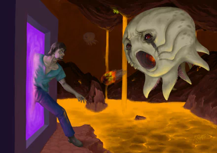 HD PC desktop wallpaper featuring a Minecraft-themed scene with a character stepping through a portal facing a fiery, menacing ghast in a lava-filled cavern.