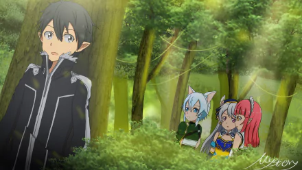 Nanairo Arshavin forest Karatachi Nijika Shino Asada Kazuto Kirigaya Kirito (Sword Art Online) Anime Sword Art Online II anime forest HD Desktop Wallpaper | Background Image
