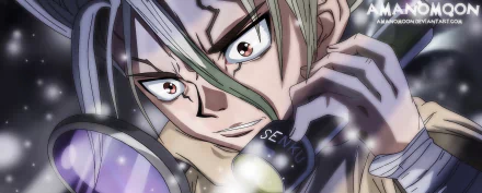 4K Ultra HD anime wallpaper featuring Senku Ishigami from Dr. Stone, showcasing his intense expression and scientific focus.