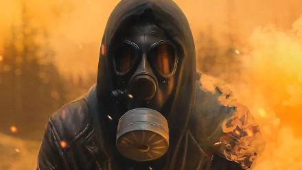 Dark-themed HD PC desktop wallpaper featuring a figure in a gas mask and hood surrounded by an orange smoky atmosphere.