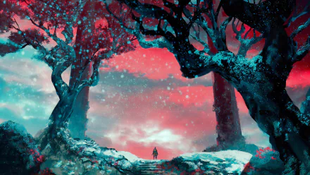 HD PC desktop wallpaper featuring a vivid, snowy landscape from the video game Sekiro: Shadows Die Twice, with a lone figure beneath twisted trees against a pink sky.
