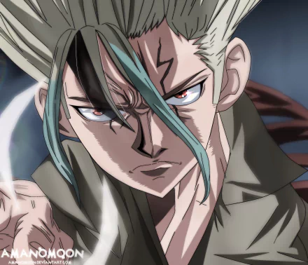 Close-up of Senku Ishigami from the anime Dr. Stone in 4K Ultra HD, featuring intense expression and detailed artwork for a PC desktop wallpaper.