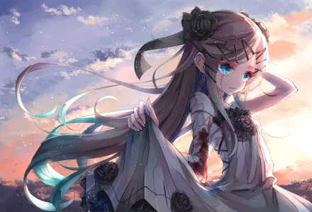 HD anime wallpaper featuring an original character with long flowing hair, vibrant eyes, and a serene expression, set against a picturesque sky background.