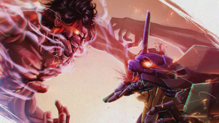 4K Ultra HD anime wallpaper featuring a dynamic showdown between Eren Yeager from Attack on Titan and Evangelion Unit-01 in intense, vivid detail.