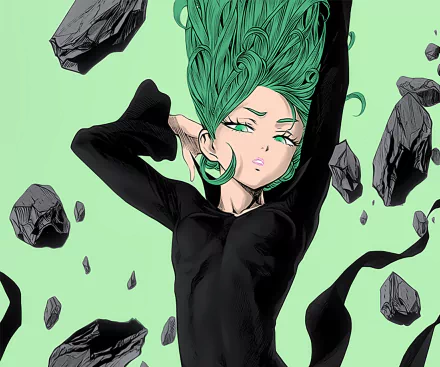 HD desktop wallpaper featuring Tatsumaki from One-Punch Man Season 2 with vibrant green hair and floating rocks, showcasing dynamic anime art style.