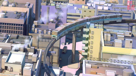 HD anime cityscape wallpaper featuring a futuristic monorail train curving above streets filled with stylized cars and buildings in vibrant, original anime art style.
