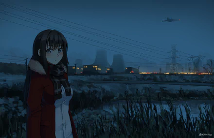 A HD anime wallpaper featuring a character with long hair and blue eyes, set against a night scene with industrial buildings and power lines in the background.