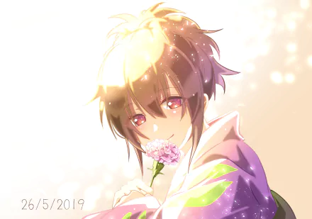 HD anime desktop wallpaper featuring Okita Mitsuba from Gintama holding a pink flower with soft, glowing light effects.