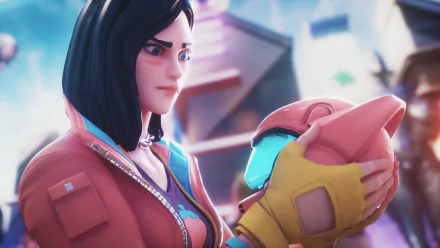 HD Fortnite PC desktop wallpaper featuring a focused character holding a futuristic helmet against a vibrant, blurred background.