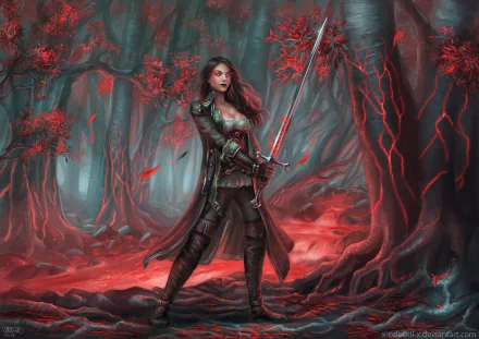 A fierce woman warrior with glowing red eyes stands in a dark, enchanted forest holding a sword, depicted in a detailed fantasy HD desktop wallpaper.