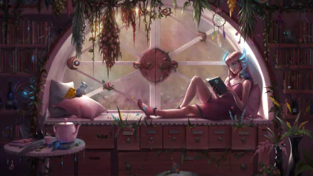 A fantasy-themed HD desktop wallpaper of a woman with pink hair and blue eyes reading a book, lounging by a large round window in a cozy library filled with plants.