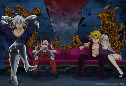 HD anime desktop wallpaper featuring Elizabeth Liones, Meliodas, Zeldris, and Estarossa from The Seven Deadly Sins in a dramatic, dark setting.