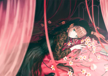 HD desktop wallpaper featuring original anime artwork of a girl with brown hair lying on a bed surrounded by pink flower petals, under ethereal pink curtains.