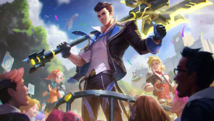 HD PC wallpaper of League of Legends featuring Jayce front and center with Ezreal and Lux behind him, striking heroic poses against a bright, futuristic cityscape.