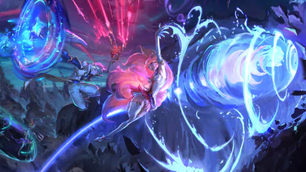 HD desktop wallpaper featuring League of Legends champions Miss Fortune, Janna, Ezreal, and Ahri in an intense, action-packed battle scene.