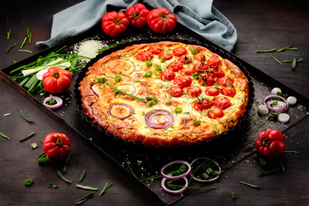 quiche still life vegetable tomato onion food meal HD Desktop Wallpaper | Background Image