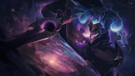 HD PC desktop wallpaper featuring Shaco from League of Legends, showcasing a dark, mystical, and cosmic-themed design from the popular video game.