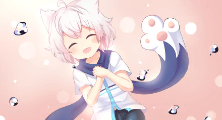 Anime-style original character with white hair, cat ears, and paws, smiling joyfully against a soft pink background. 4K Ultra HD PC desktop wallpaper.