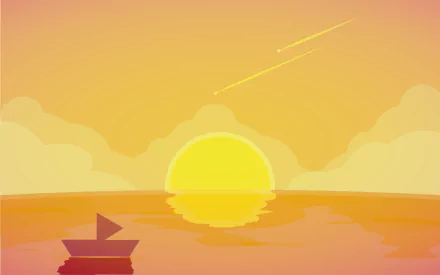 Artistic HD desktop wallpaper of a boat floating on the ocean at sunset with a vibrant sky and a shooting star streaking across the horizon.