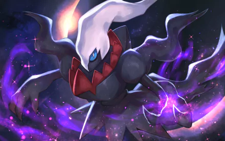 HD PC desktop wallpaper of Darkrai (Pokémon) in anime style: a shadowy figure with white head plume and red collar looming amid swirling purple cosmic mist and starry background.