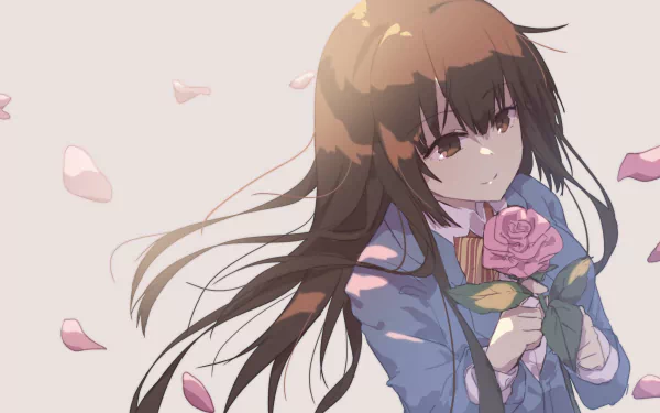 Anime-style HD PC desktop wallpaper featuring Satowa Houzuki from Stop This Sound!, holding a rose with petals gently falling around her.