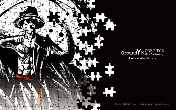 Monkey D. Luffy from One Piece featured in an 8K Ultra HD anime wallpaper, blending puzzle pieces and dark background in a striking PC desktop design.