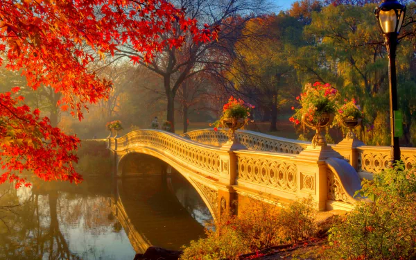 A serene autumn scene of Bow Bridge in Central Park, adorned with vibrant fall foliage, reflecting beautifully in the water, creating a stunning HD desktop wallpaper.