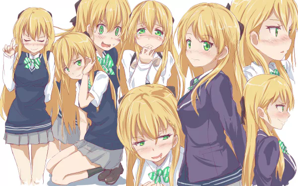 A 4K Ultra HD anime wallpaper featuring Karen Tendou with green eyes and blonde hair in various poses wearing a school uniform, highlighting her gamer persona.