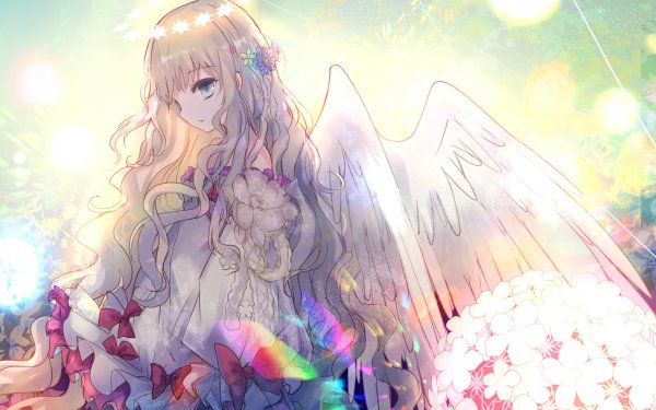 Anime Angel Wings Long Hair Blonde Flower Grey Eyes HD Wallpaper | Background Image