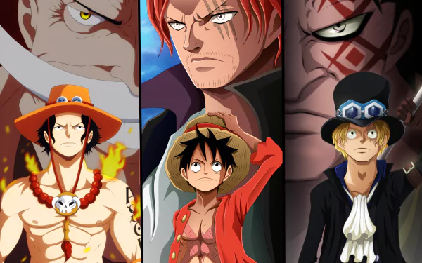 4K Ultra HD One Piece wallpaper featuring Monkey D. Luffy, Monkey D. Dragon, Sabo, Shanks, Edward Newgate, and Portgas D. Ace in vibrant anime style.