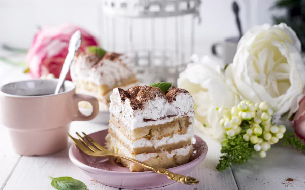 saucer fork cup depth of field rose white rose white flower flower pastry still life food dessert HD Desktop Wallpaper | Background Image