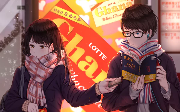 Anime wallpaper of a brunette character with blue eyes wearing a scarf and earbuds, sharing chocolate with another character wearing glasses and reading a book, set against a colorful background.