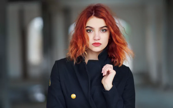 Portrait of a redhead woman model with green eyes, captured in sharp focus against a softly blurred background, rendered in 8K Ultra HD quality.