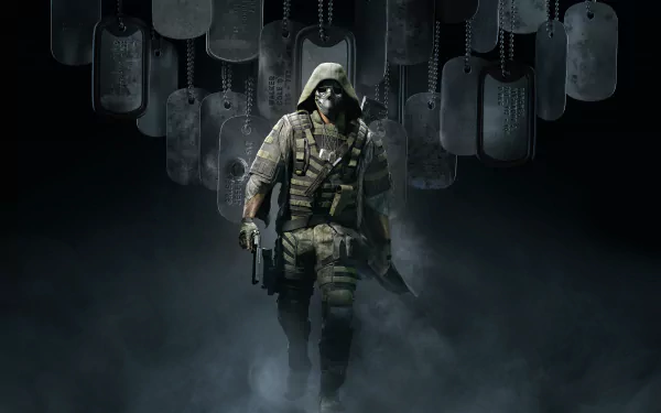 A masked warrior from Tom Clancy's Ghost Recon Breakpoint holding a pistol, dog tags hanging in the background, amidst a smoky atmosphere.