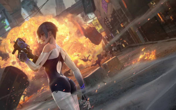 4K Ultra HD Cyber Hunter PC wallpaper featuring a futuristic female character amid a fiery urban explosion in a dynamic video game scene.