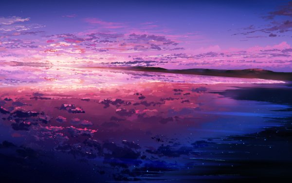 Anime Sky Reflection Sunset Purple Ocean HD Wallpaper | Background Image
